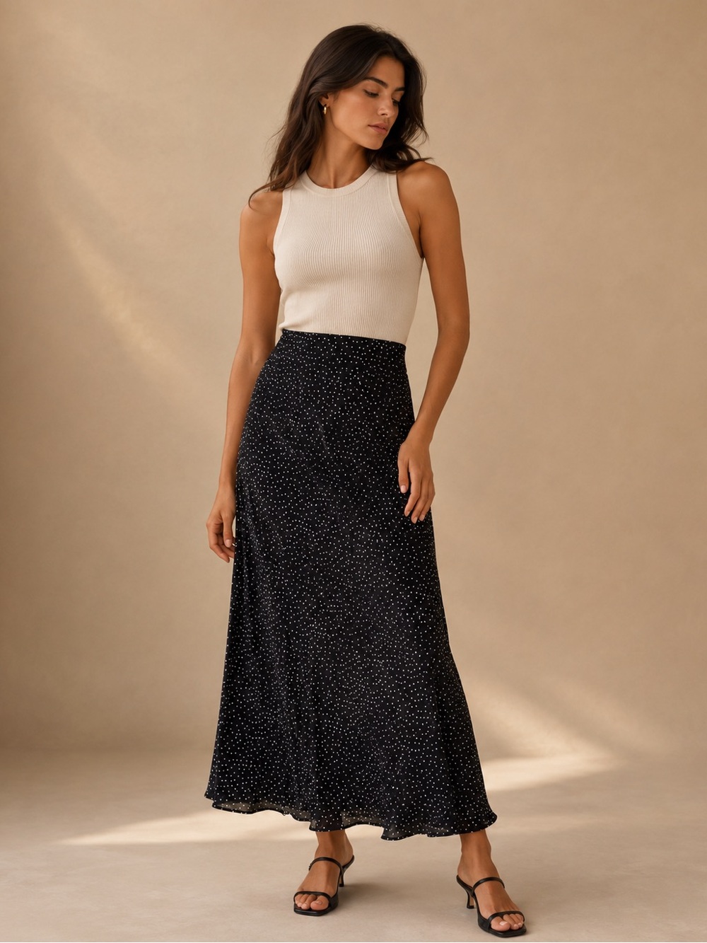 Quince Black Polka Dot Satin Midi Skirt Size L